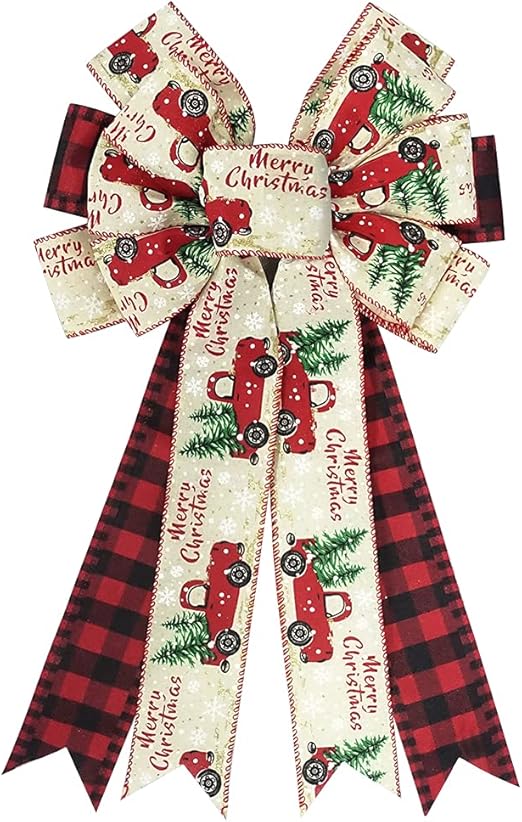 Large Christmas Bows for Wreaths - Buffalo Plaid Decorative Wreath Bow for Front Door, Merry Christmas Truck Wreath Bows, Red Plaid Xmas Bows for Indoor Outdoor Decorations