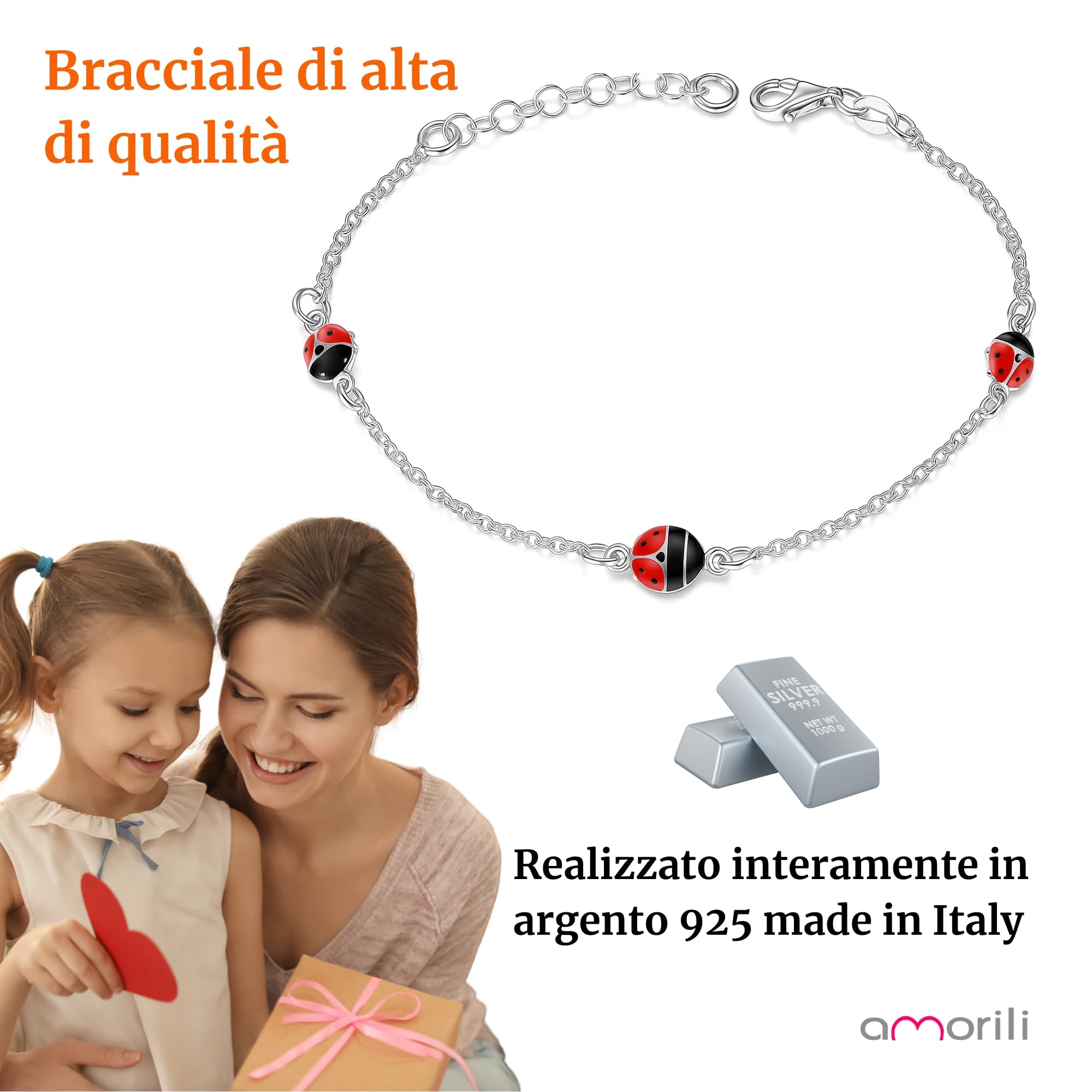 Bracciale Coccinella in Argento 925 per Bambina – Braccialetto Regolabile Portafortuna – Gioiello Ragazza – Idea Regalo Bambine – Confezione Regalo Inclusa