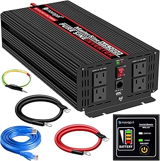 Novopal Pure Sine Wave Power Inverter 2000w 12v DC to 110v 120v AC Converter 4 AC Outlets Car Inverters with One USB Port 5 Meter Remote Control and Two Cooling Fans Peak Power 4000w
