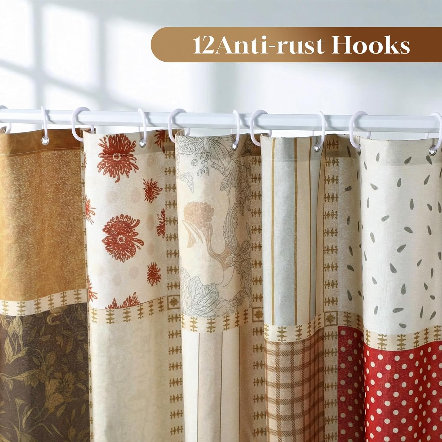 Tranqun Farmhouse Quilted Shower Curtain 72 x 72 Inch Country Patchwork Shower Curtain with Hooks Vintage Rustic Cottage Core Boho Waterproof Mid Century Plaid for Bathroom Decor