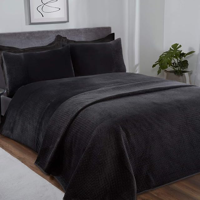 Sleepdown Pinsonic Black Velour Geometric Panel Band Super Soft Cosy Luxury Duvet Cover Quilt Bedding Set with Pillowcase - Single (135cm x 200cm)