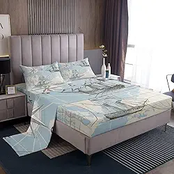 Erosebridal Jogo de lençol King náutico, barco à vela, vinatge, desenho de mapa do mundo, branco, azul, bússola, âncora, retrô, lençol de cima, 4 peças com 2 fronhas