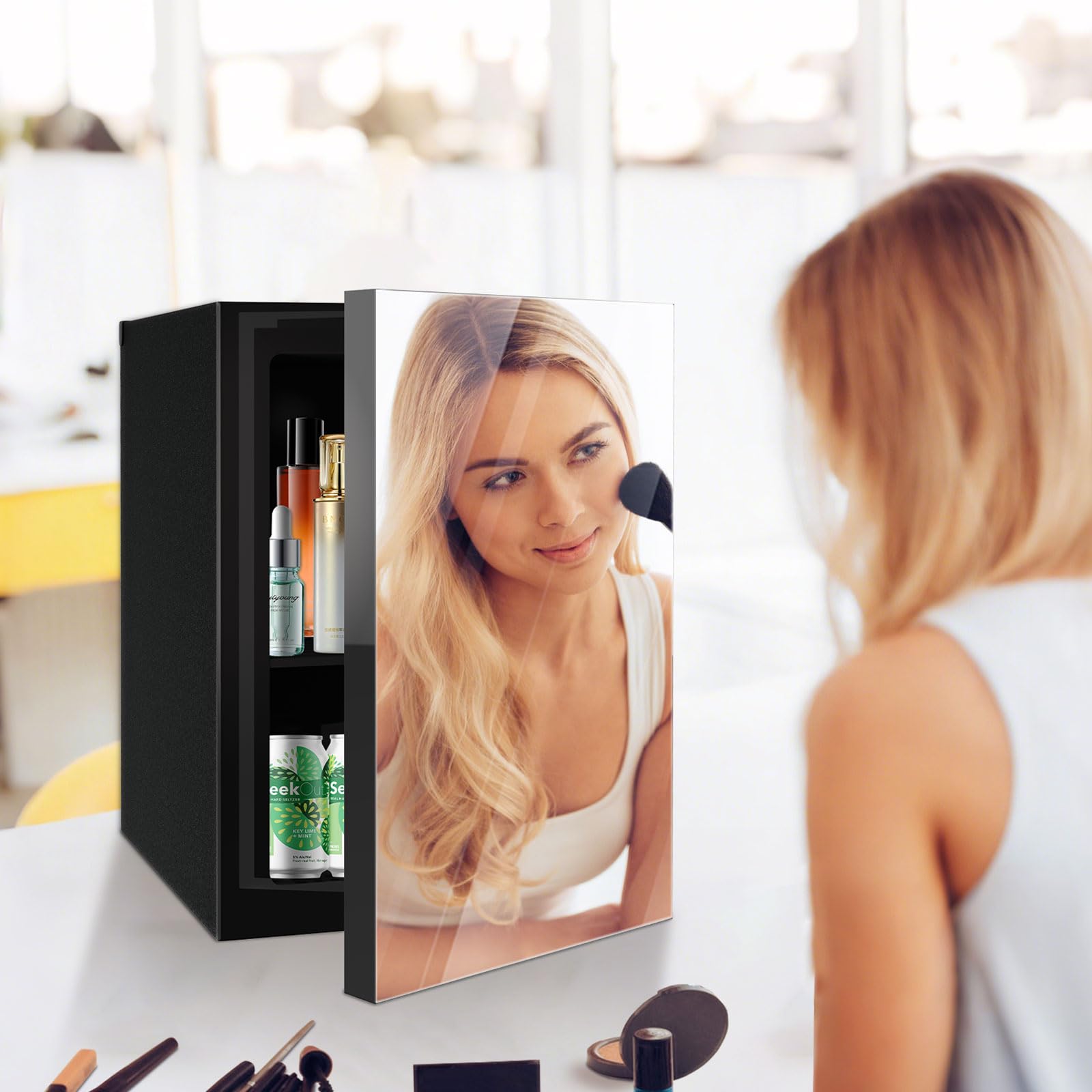 Stopasd Compact Beverage Refrigerator, 0.9 Cu.Ft/24 Can Mini Fridge With Adjustable Shelves & Mirror Door For Drink And Cosmetics,Quiet Compact Countertop Skincare Fridge For Bedroom/Office/Bar on Fridge.com - View 6
