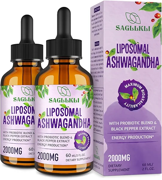 Sagllkli Liposomal Ashwagandha Liquid Drops 2000mg, Ashwagandha Root Extract Supplement (7% Withanolides) with Black Pepper Extract & Probiotics for Focus, Cognition & Energy - 4 FL.OZ (2 Bottle)