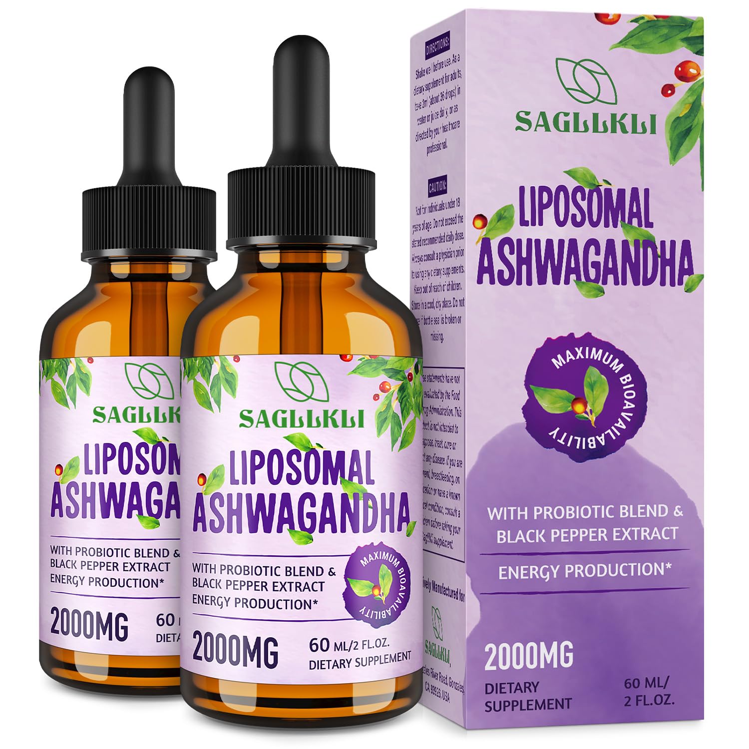 Liposomal Ashwagandha Liquid Drops 2000mg, Ashwagandha Root Extract Supplement (7% Withanolides) with Black Pepper Extract & Probiotics for Focus, Cognition & Energy - 4 FL.OZ (2 Bottle)