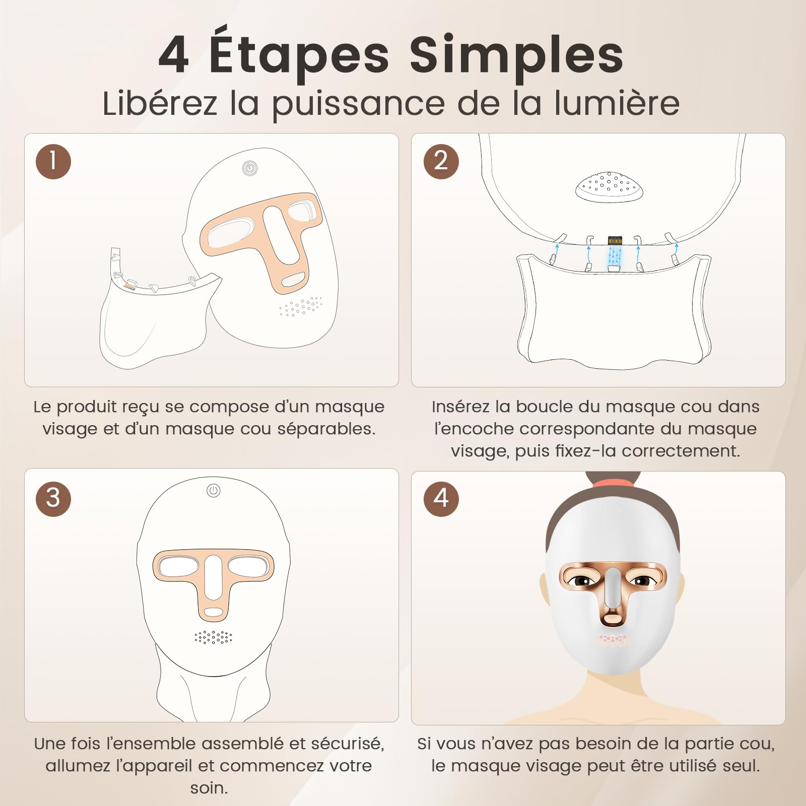 Masque LED Visage Luminothérapie, Masque à Lumière Rouge Rechargeable USB-C, Masque Facial LED pour Soins de la Peau, Maison, Voyage et Yoga(Or) | 7 modes de lumière pour personnaliser vos soins de la peau, design confortable pour la maison, le voyage et