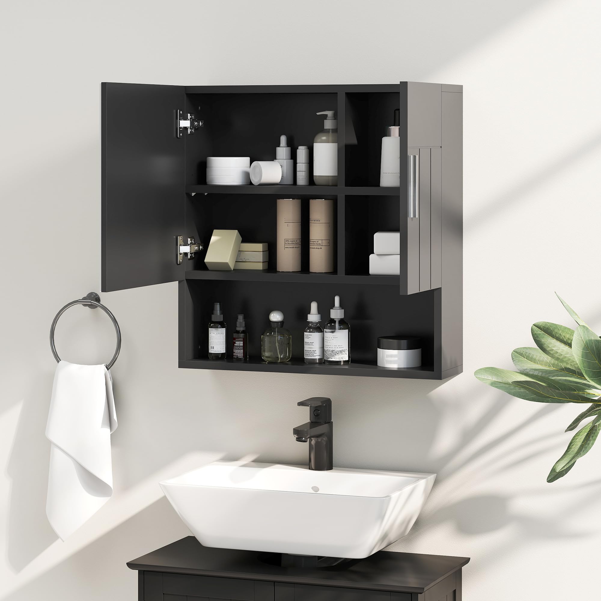 kleankin Espejo de baño con estantes ajustables 54x15.2x55.3cm Negro | Armario espejo de baño con almacenamiento, 2 puertas, estante abierto, madera y vidrio.