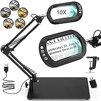 Drdefi 10X LED Magnifying Desk Lamp with Real Glass Lens, Stepless Dimmable Light, 5 Color Modes, Clamp Stand for Crafts Reading Hobbies
