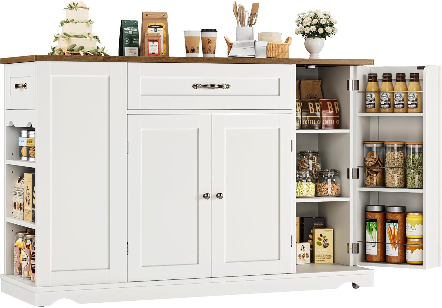 HOSTACK 47'' Kitchen Island Cart with 2 Drawers, Adjustable Shelves & Wheels - White Rustic Brown Rolling Storage Buffet Sideboard