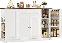 HOSTACK 47'' Kitchen Island Cart with 2 Drawers, Adjustable Shelves & Wheels - White Rustic Brown Rolling Storage Buffet Sideboard