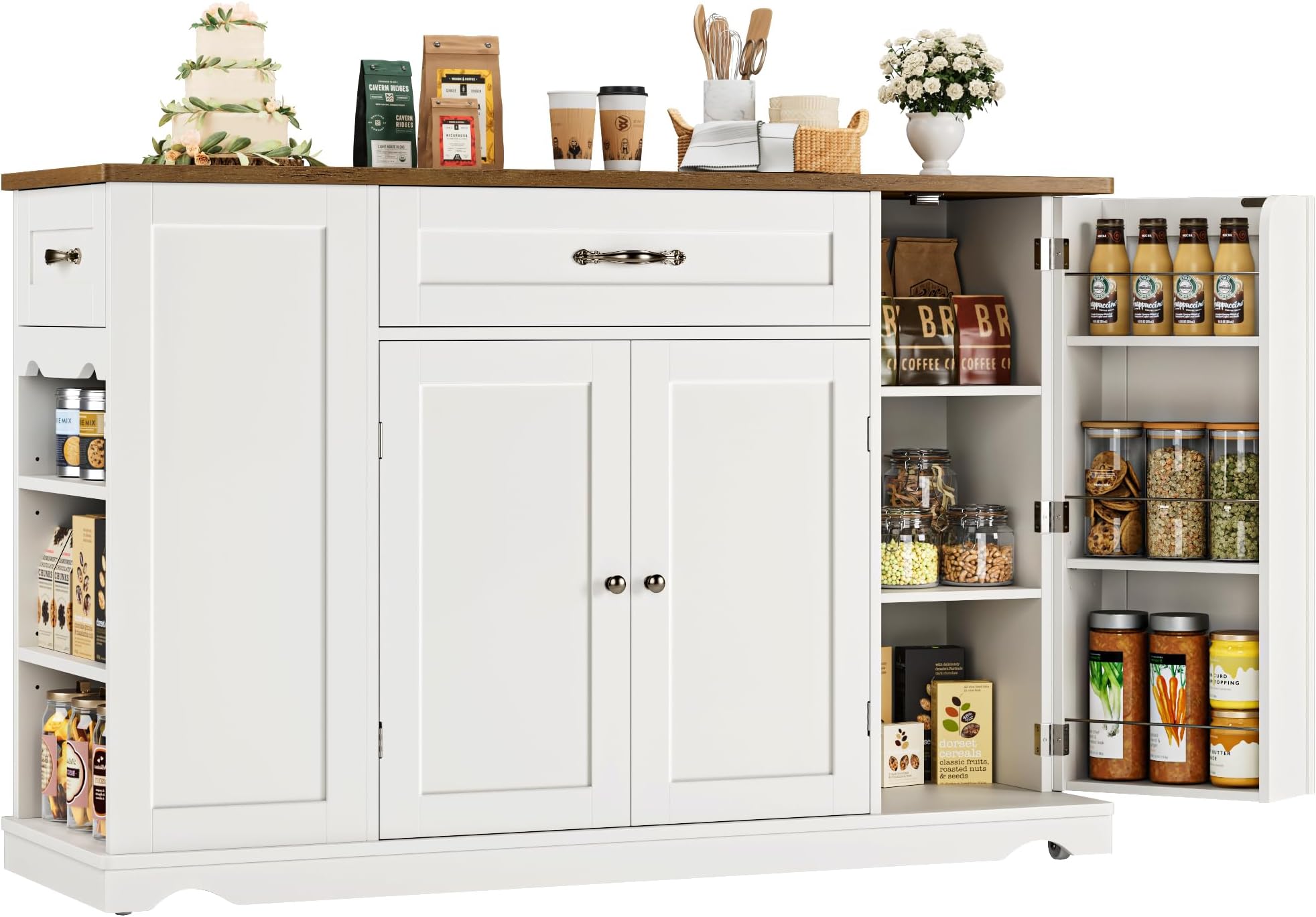 HOSTACK Kitchen Island Cart with Storage, 47'' Kitchen Storage Island on Wheels with 2 Drawers, Rolling Island Table with Adjustable Shelves, Mobile Buffet Sideboard Cabinet for Dining Room, White