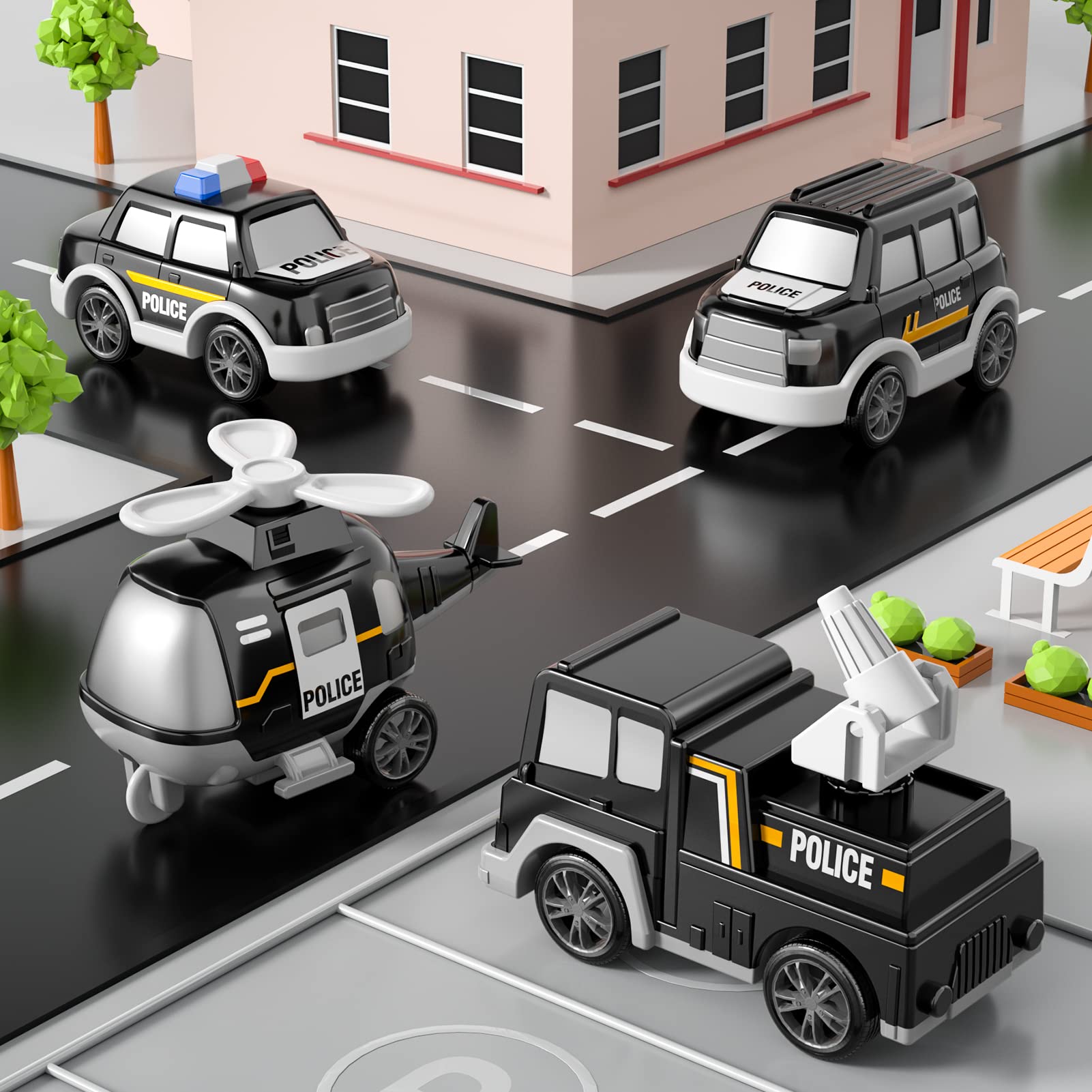 Camión de policía 5 en 1 para niños de 1, 2, 3, 4, 5 años, vehículos de rescate de policía, autos, camiones, autobús, helicóptero para niños de 1 a 3 a 5 años, juguetes de coche para niños de 1 8