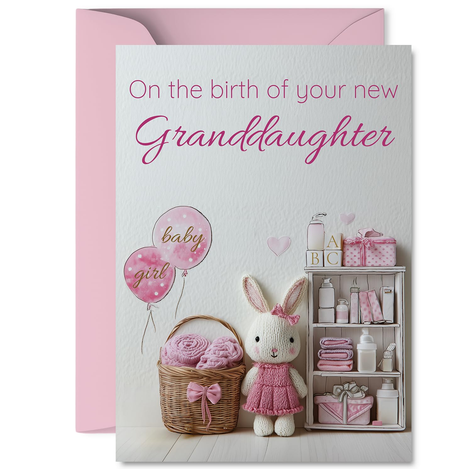Sweet New Baby Card for Granddaughter - Bursting with Joy - Cute Bunny with Pink Balloons in a Basket - Soft Watercolour Style for a Charming Welcome - A5, Envelope Included