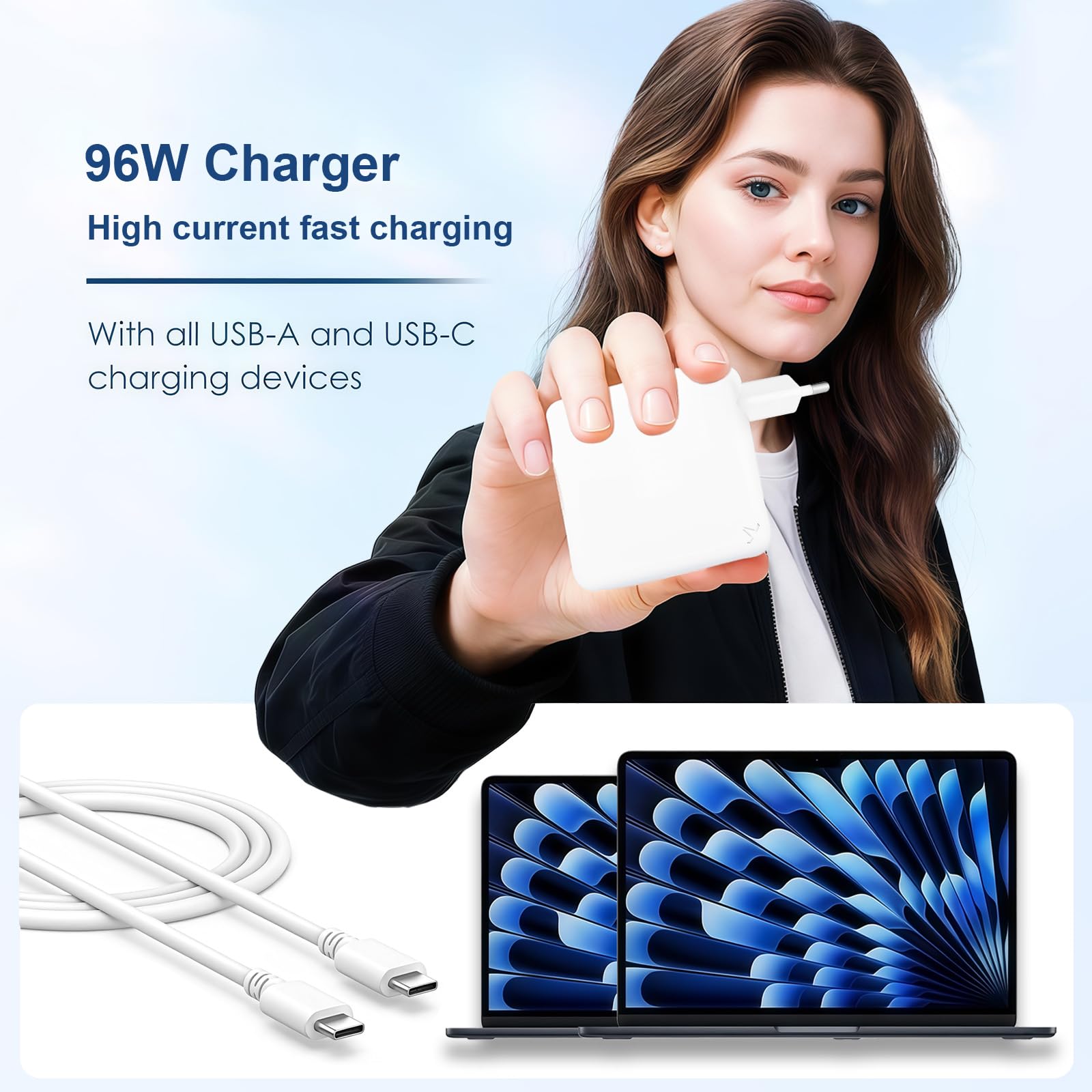 COOYA 96W USB C Caricatore, per MacBook Pro 16, 15, 14, 13 pollici 2024, 2023, 2022, 2021, M3 M2 M1, per MacBook Air, Compatibilità all USB-C laptop, Compatibile con iPad, con 6.6ft Type C 5A cavo.