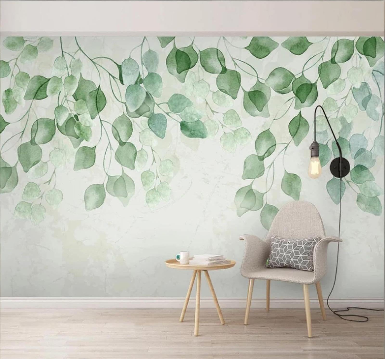 Xlming 400Cm×280Cm(B×H) Minimalist Hand Drawn Fresh Watercolour Green Leaves 3D Wallpaper Luxury Silk Study Dining Feature Sofa Grey Bedroom Living Room Tv Decorative Wall-400Cm×280Cm
