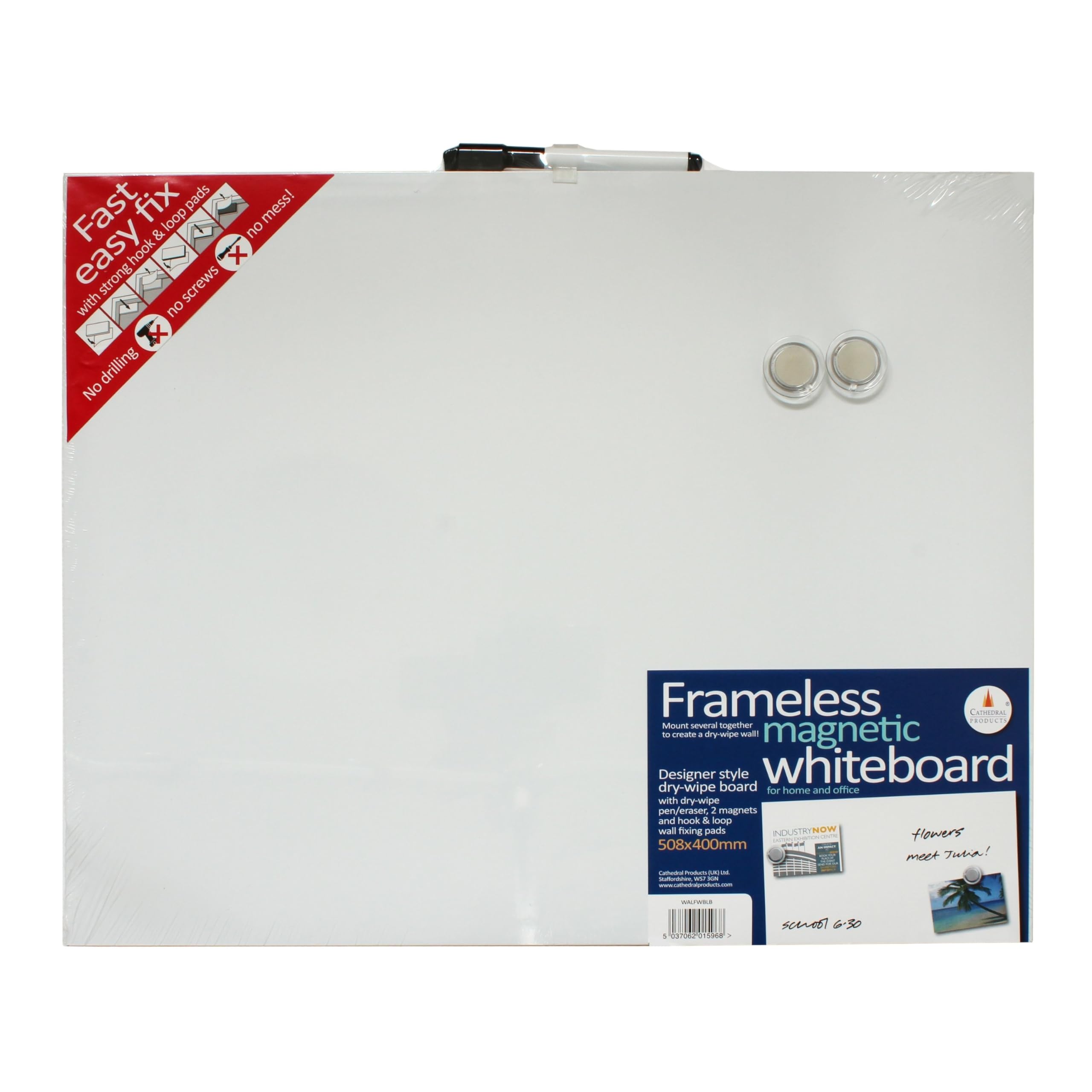Cathedral Products Easy Fix Frameless Magnetic Whiteboard – 35 x 35 cm
