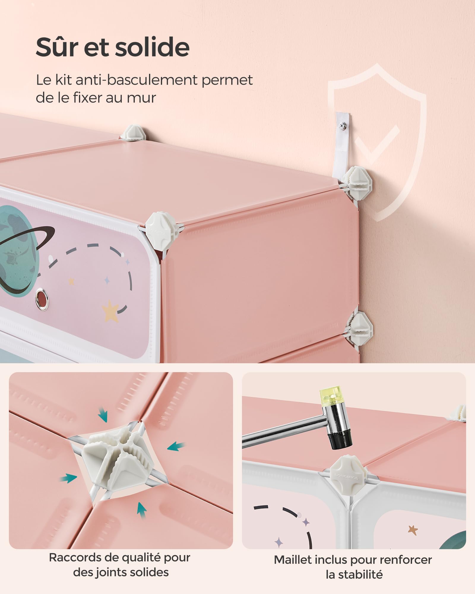 SONGMICS LPC907R01 Étagère modulaire à 12 Cubes en Plastique avec Portes pour vêtements, Chaussures, Jouets 31 x 81 x 106 cm Rose
