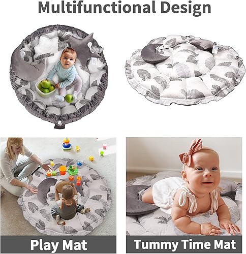 Miniatura 5 de Three Colors Tapete de juego 3 en 1 cojín de suelo para bebés y niños pequeños tapete de tiempo de barriga con 3 almohadas decorativas grueso y