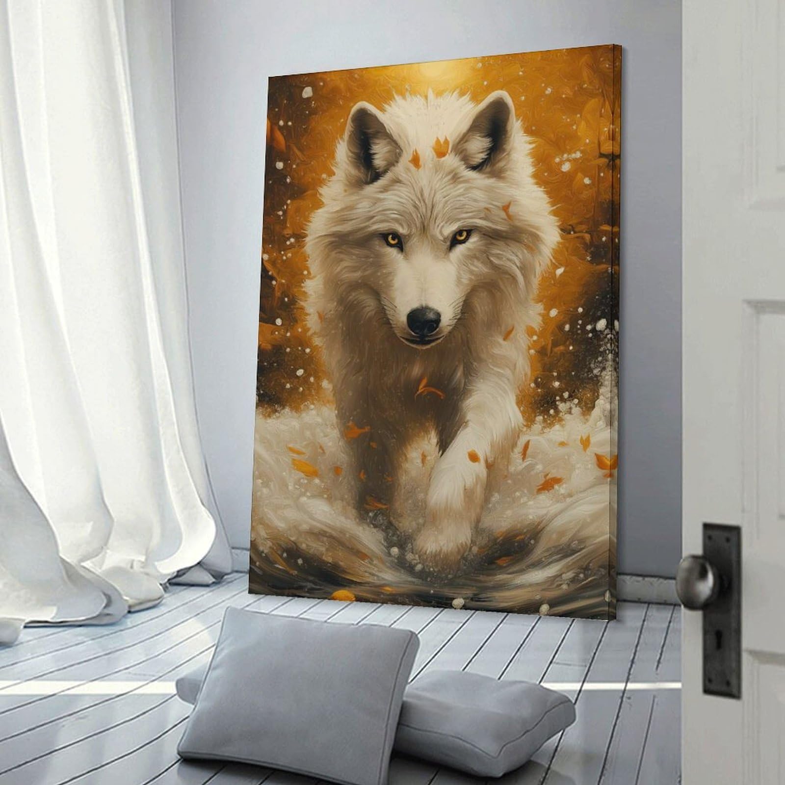 Junmoney Canvas Art Print White Wolf in Autumn, 24x36inch(60x90cm), for New Homes, Bedrooms Or Workspaces, Thoughtful Wall Decor for Art Lovers