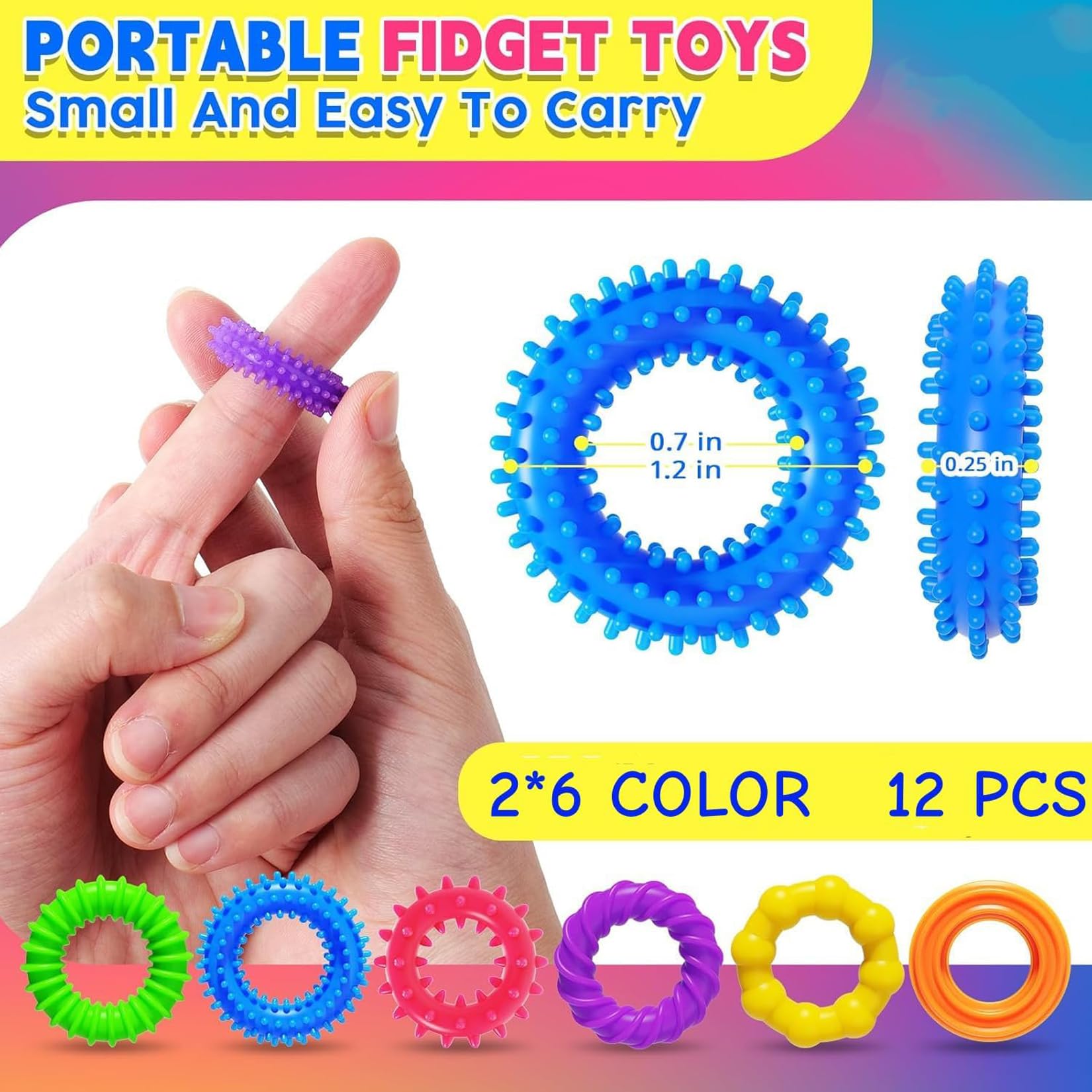 12 sztuk Fidget Ring Toys zabawki antystresowe, sensoryczne, autyzm, redukujące stres, zabawne i uspokajające pierścienie do masażu palców, pierścienie do akupresury