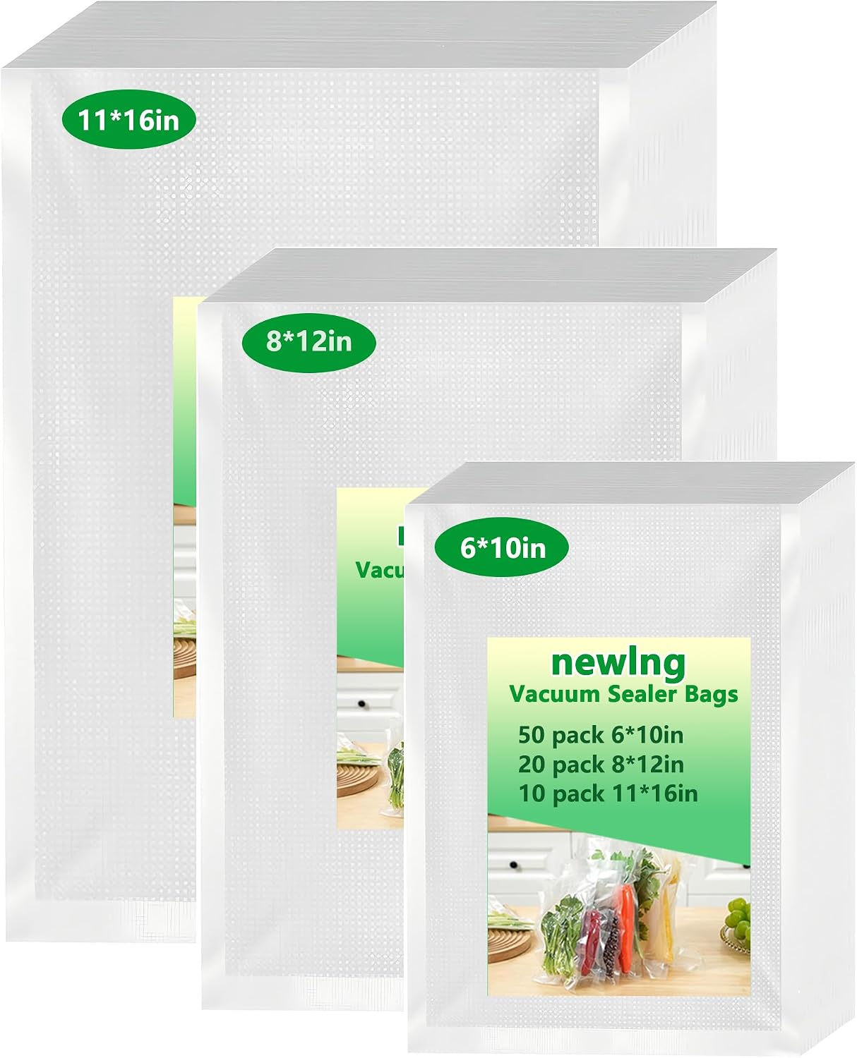 newlng Vacuum Sealer Bags 6" x 10" (50) 8" x 12" (20) 11" x 16" (10) BPA Free Commercial Grade Vacuum Storage Bags for Food Compatible All Vacuum Sealers Sous Vide Cooking Freezer Bag Pre-cut