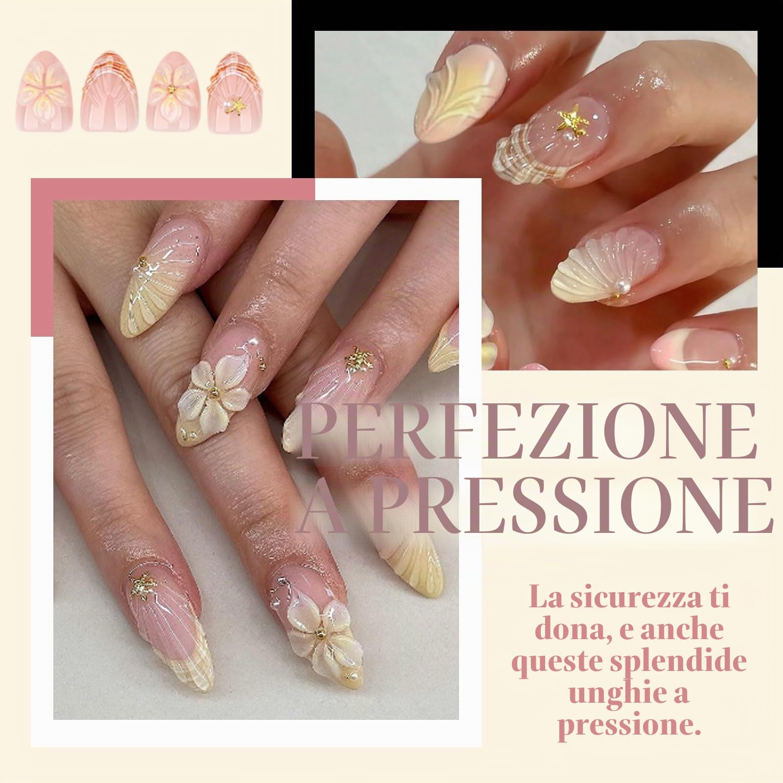 LunarCharm 24 pezzi unghie press on 3D giallo-rosa con fiori, conchiglia e onde, corte a mandorla lucide in acrilico, unghie adesive a copertura completa per donna fai da te
