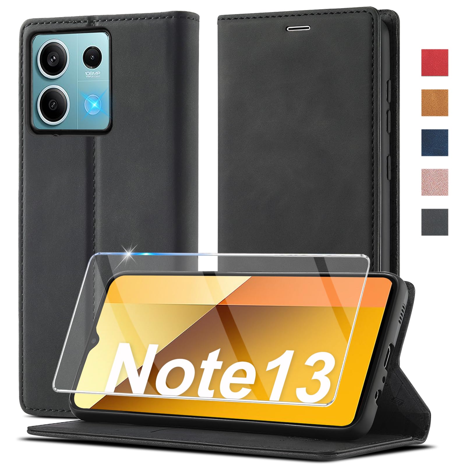 Custodia A Portafoglio In Pelle Per Xiaomi Redmi Note 13 5G Con Protezione Urti E Pellicola Inclusa - Copertina Pieghevole Con Tasche E Chiusura Magnetica
