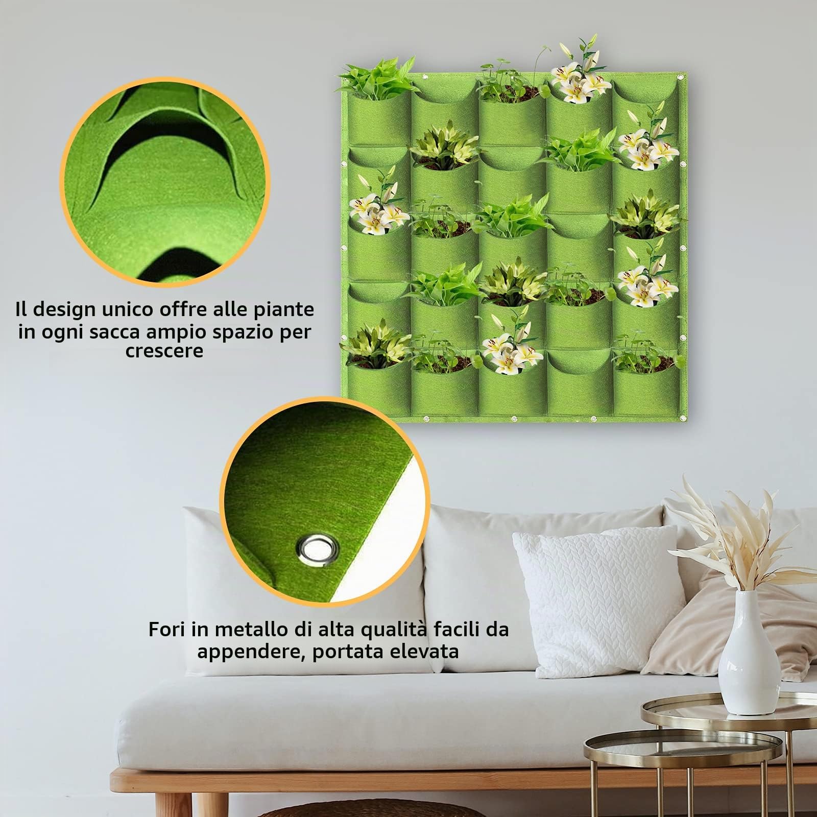 LITLANDSTAR Sacchetti per fioriere da appendere, 25 tasche, verticali da appendere alla parete, per coltivare piante e piante (1 m x 1 m, verde)