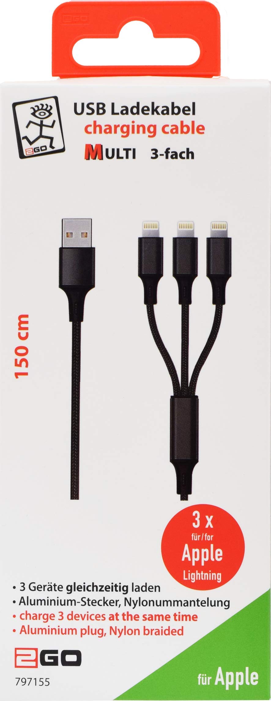 2GO 3-in-1 Charging Cable 3 x Apple Lightning to USB 3 Devices Charging Simultaneously, Nylon Coating, Aluminium Plug, 150 cm, Black