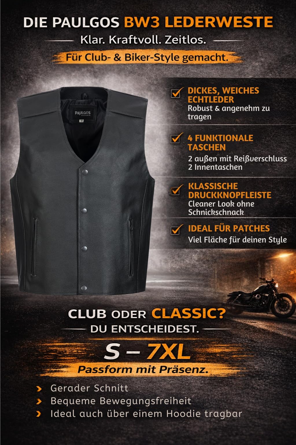 PAULGOS Lederweste Weste Kutte Leder Biker Rocker Motorrad Clubweste Bikerweste Motorradweste Schwarz BW3