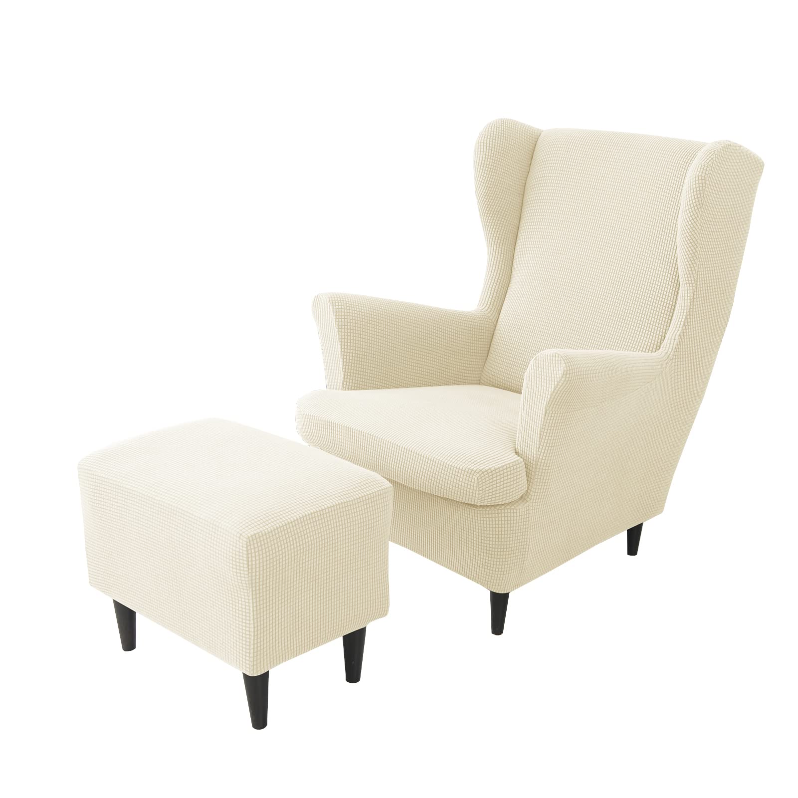 Jhld Beige Stretch Wing Chair Cover Set, 2 Piece Wing Chair Slipcover With Ottoman Cover Wingback Chair Cover Jacquard Wingback Chair Slipcover Footstool Protector Covers For Dogs-3 Piece