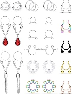 SCERRING Fake Ring Stainless Steel Non-Piercing Rings Clip On Nipplerings Faux Body Piercing Jewelry for Women Men 27PCS