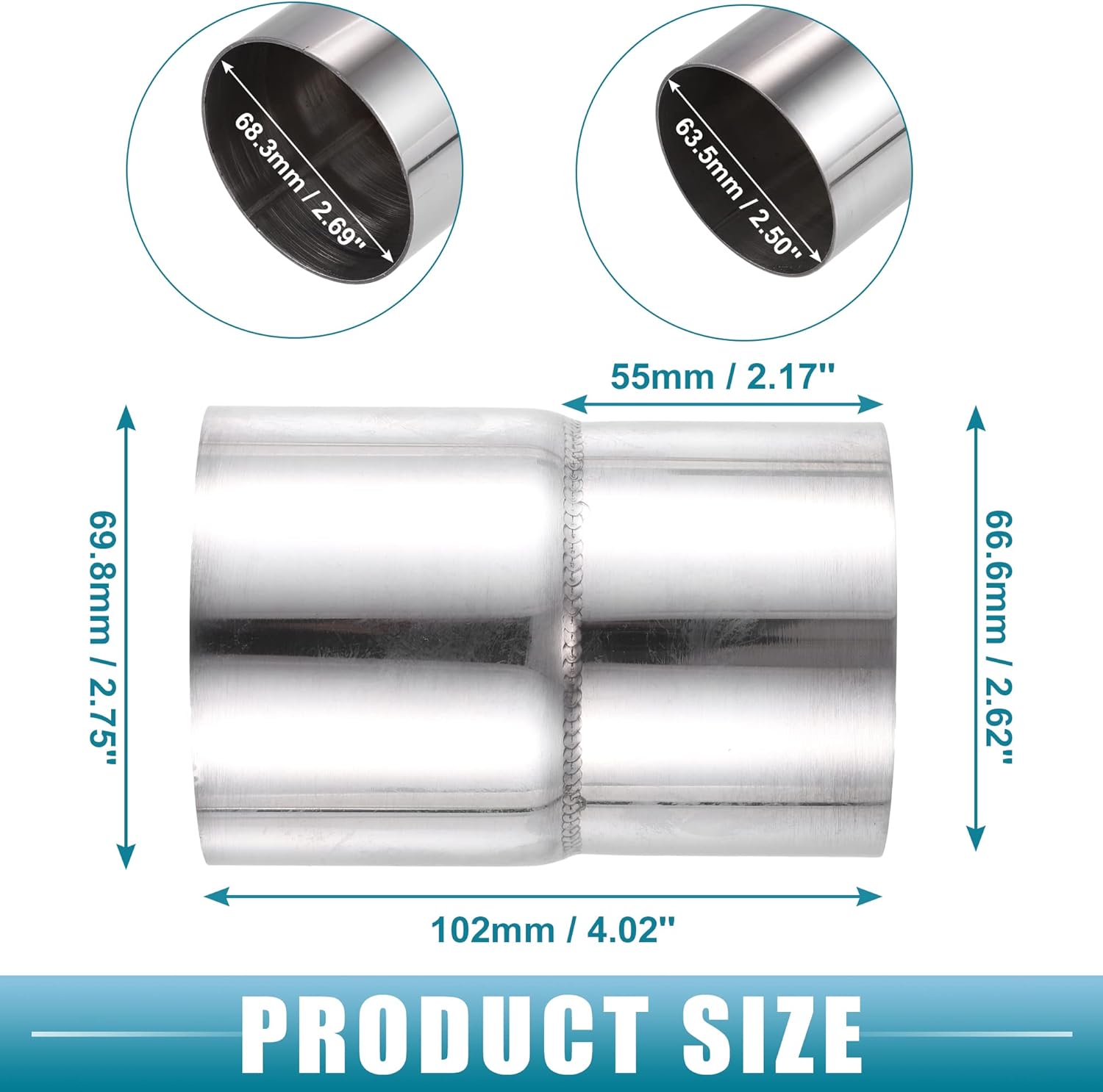 Car Exhaust Pipe Adapter Reducer Connector 2.5" ID to 2.75" OD Exhaust Expander Universal Stainless Steel Silver Tone (Set of 2)