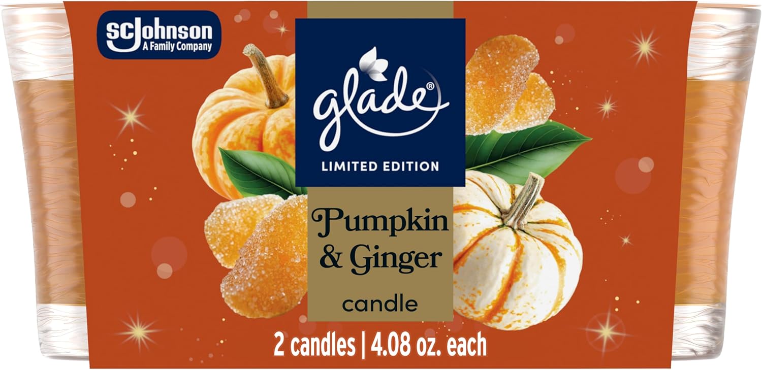 Glade 1-Wick Scented Candle Jar, Pumpkin & Ginger, Air Freshener Infused with Essential Oils, 4.08 Oz, 2 Count