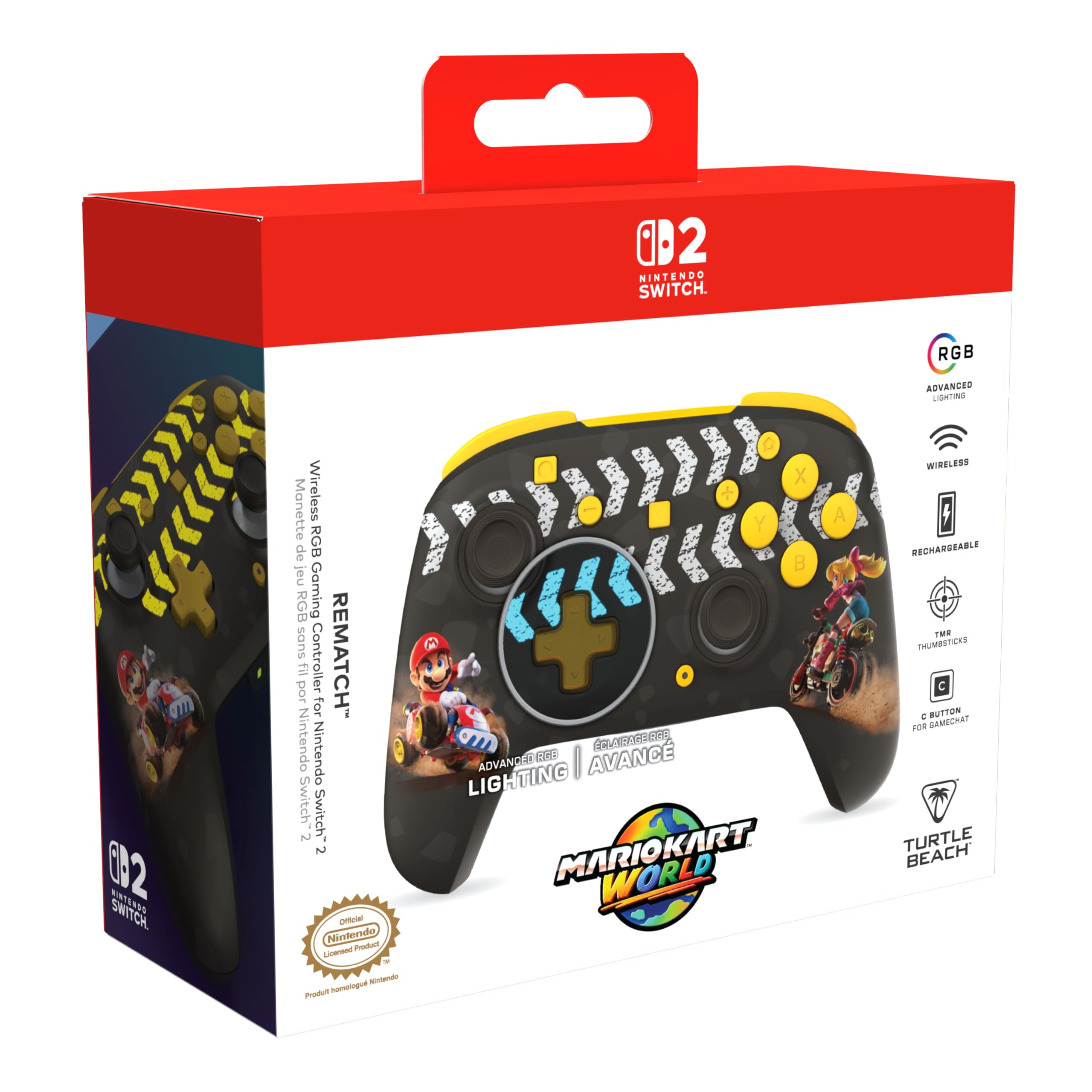 Turtle Beach Rematch Wireless Controller: Mario Kart World – Offiziell lizenziert für Nintendo Switch 1 und 2, TMR-Thumbsticks, anpassbares RGB, wiederaufladbarer Akku
