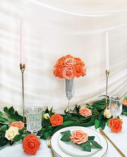 Miniatura 4 de Mefier Home Flores artificiales, 25 piezas de rosas de espuma de color naranja quemado de aspecto real, 5 tonos, rosas falsas con tallos para