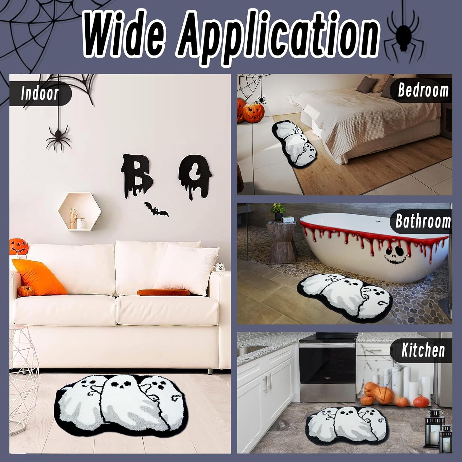 Halloween Bath Rug for Bathroom Spooky Ghosts Bath Mat Bat Doormat Non Slip Cute Rugs for Kitchen Bedroom Holiday Outdoor Bedroom(Ghost)