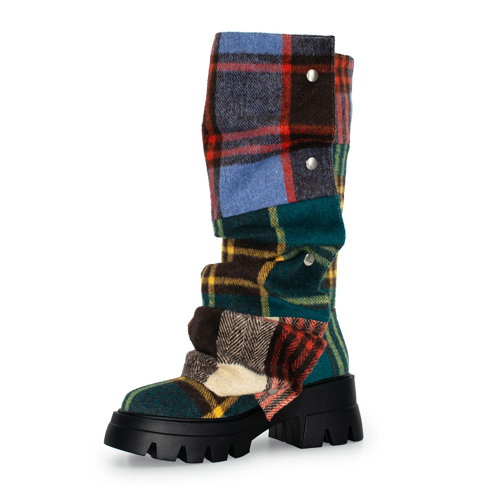 Womens Combat Mid-Calf Chunky Boots Detachable Pull-On Wide Calf Panel Shark Platform Boots Round toe Party Dress Boot