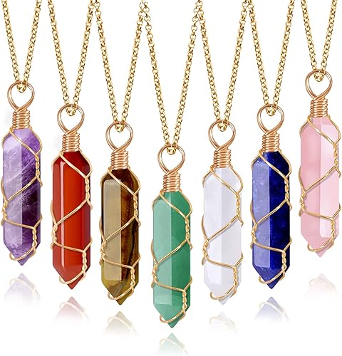 VIBILIA Collar de cristal curativo envuelto en alambre con dije de punto natural, collar hexagonal de reiki espiritual de cuarzo con piedras