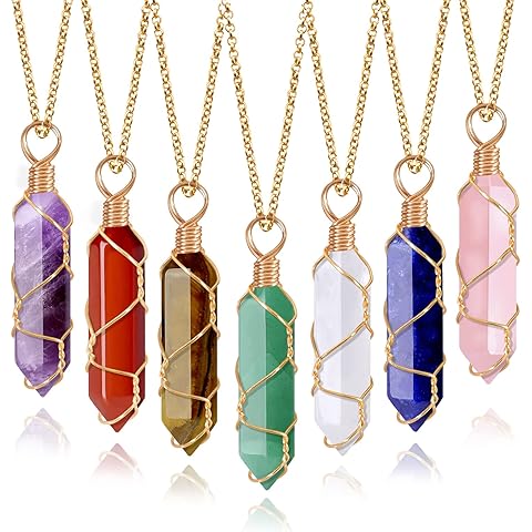 VIBILIA 7Pcs Healing Crystal Necklaces Wire Wrapped Chakra Stone Point Pendant Necklaces Hexagonal Reiki Spiritual Quartz Gemstone Stone Jewelry Set for Women Men