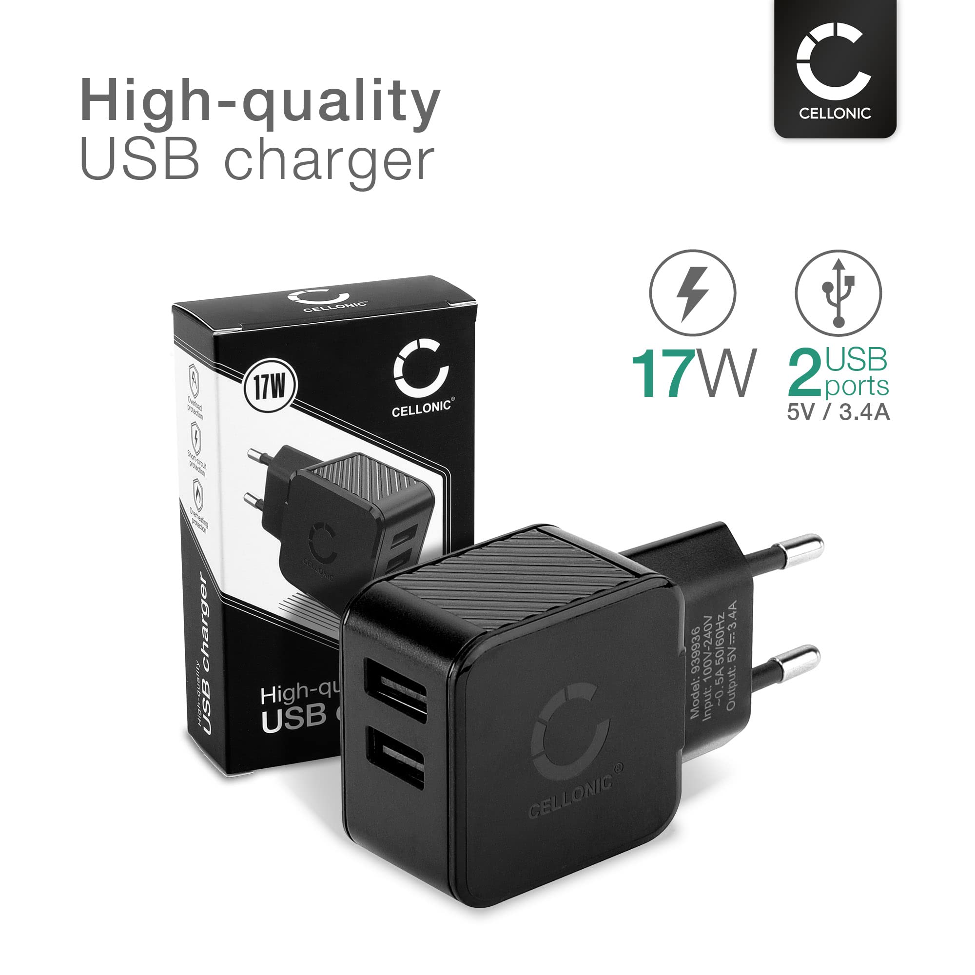 CELLONIC 2-drożna ładowarka USB: 3,4 A, 17 W ładowarka do telefonu komórkowego, smartfona, tabletu, podwójna wtyczka do ładowania: podwójne złącze - wielokrotny adapter do ładowania, gniazdko