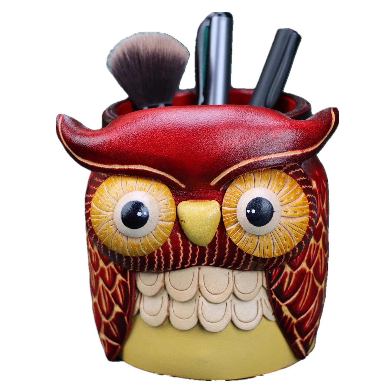 FanyixuanVegetable Tanned Leather Cowhide Owl Desktop Decorative Pen Holder Stationery Makeup Brush Organizer Creative Gifts For Men And Women (Red)