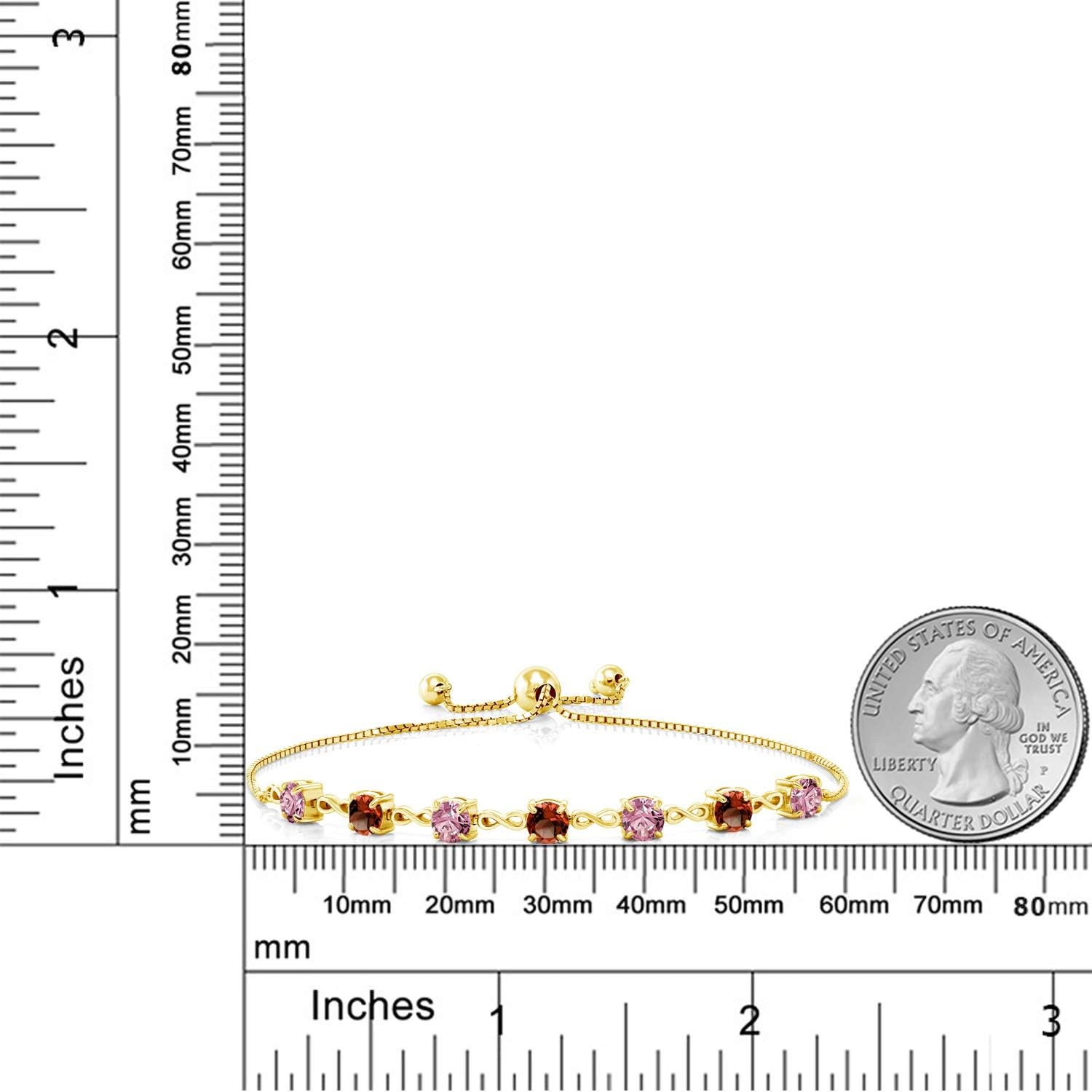 Gem Stone King 18K Yellow Gold Plated Silver Pink Lab Grown Diamond and Red Garnet Infinity Tennis Bracelet For Women (2.94 Cttw, Gemstone April Birthstone, Round 4.5MM, Fully Adjustable Up to 9 Inch) - Image 2