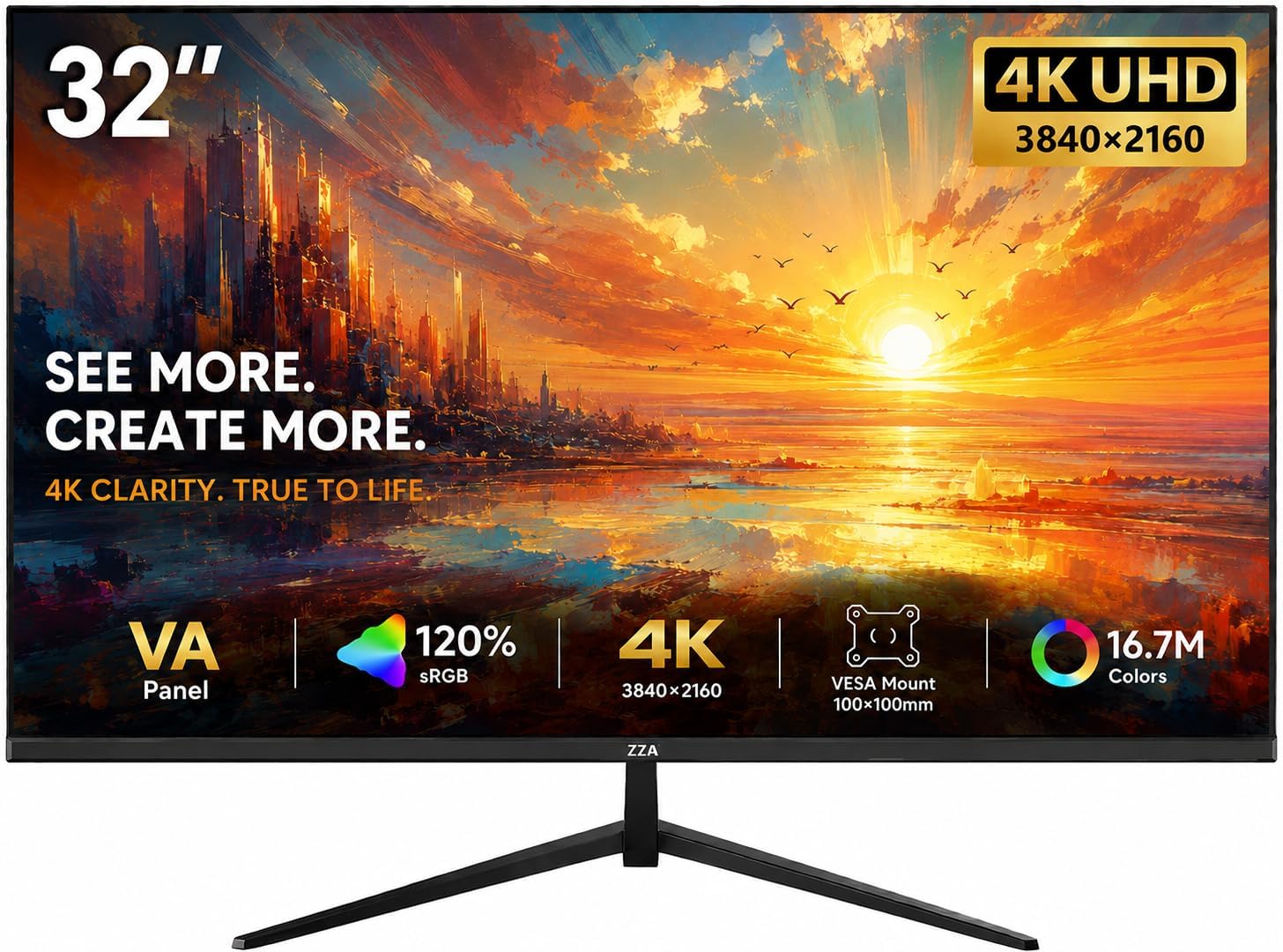 ZZA 32 Inch 4K UHD PC Monitor, 3840×2160, 60Hz, HDR10, FreeSync, VA Panel: image 1 of 8