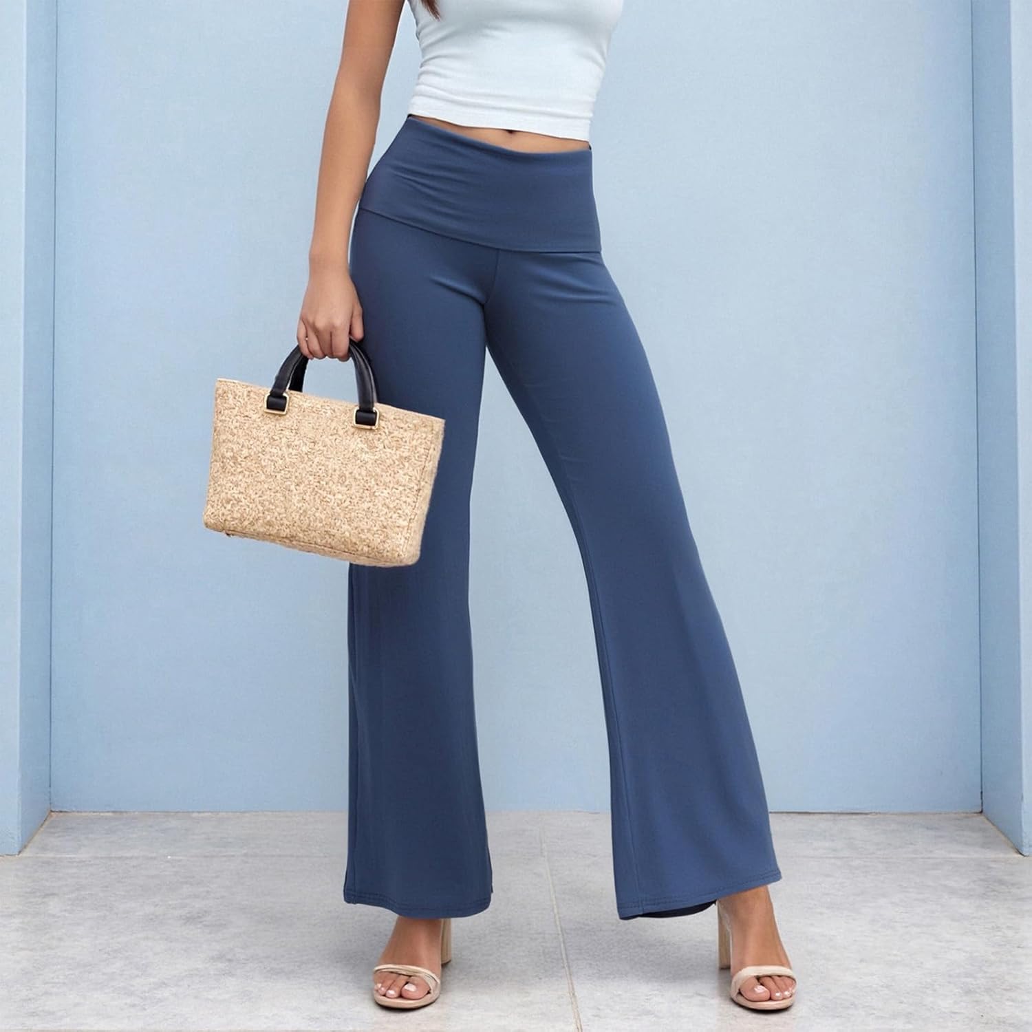 NZNDSHD Fold Over Yoga Pants for Women Low Rise Straight Leg Sweatpants Y2k Solid Color Stretchy Loose Gym Lounge Leggings - Image 2