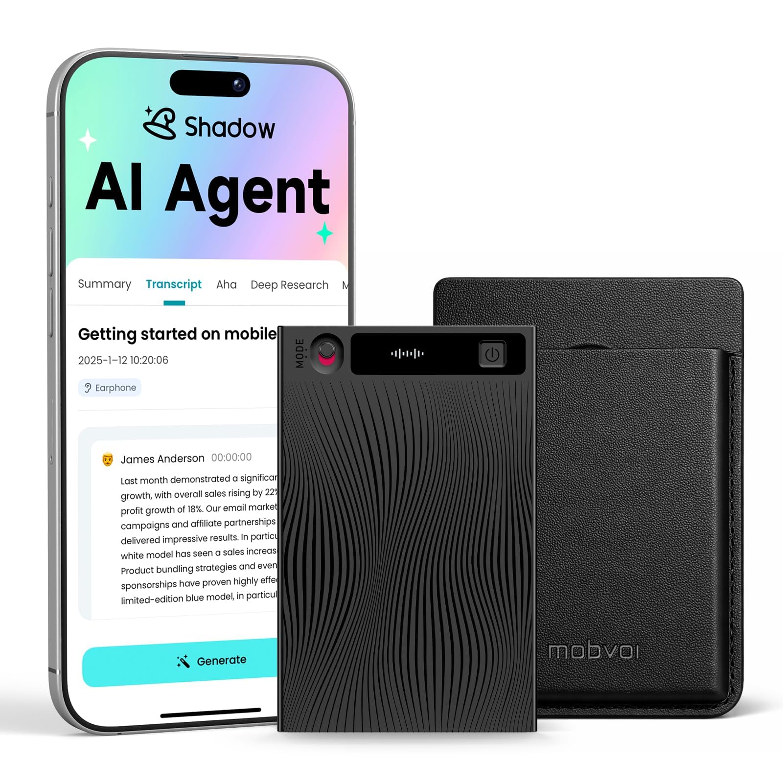 Mobvoi TicNote AI Voice Recorder w/AI Transcription & Summary, APP Control AI Note Taking Device Supports 120+ Languages for Lectures, Meetings &Calls