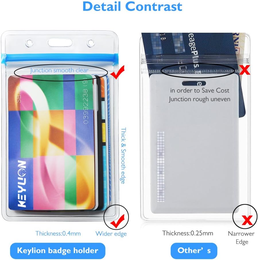 KEYLION 10 Pack Heavy Duty Vertical ID Card Badge Holder with Blue Resealable Zip, Waterproof Type, Extra Thick Clear PVC,