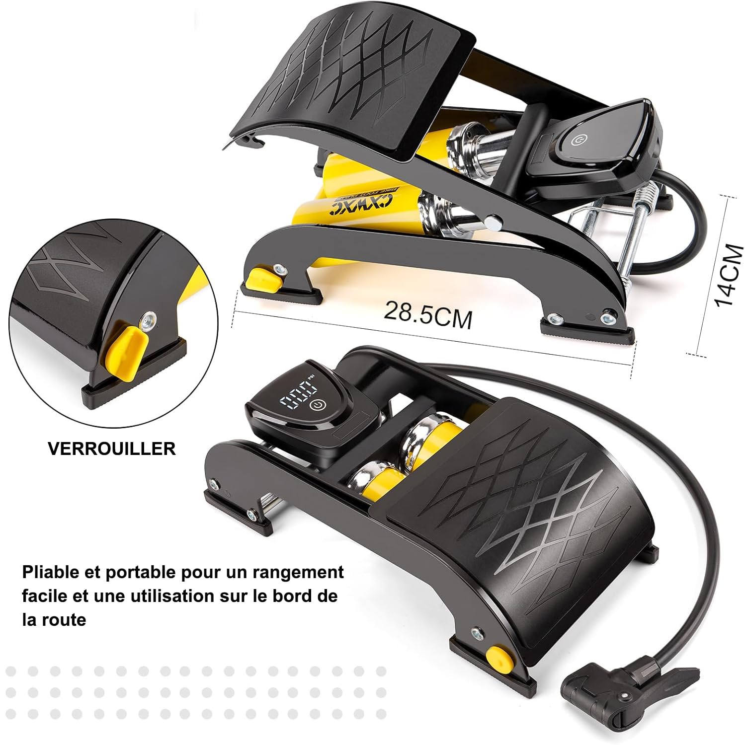 CXWXC Pompe à pied avec manomètre numérique 160 PSI – Pompe à air double cylindre compatible avec valves Schrader et Presta – Pour vélos, motos, ballons, gonflables, matelas pneumatiques et équipement