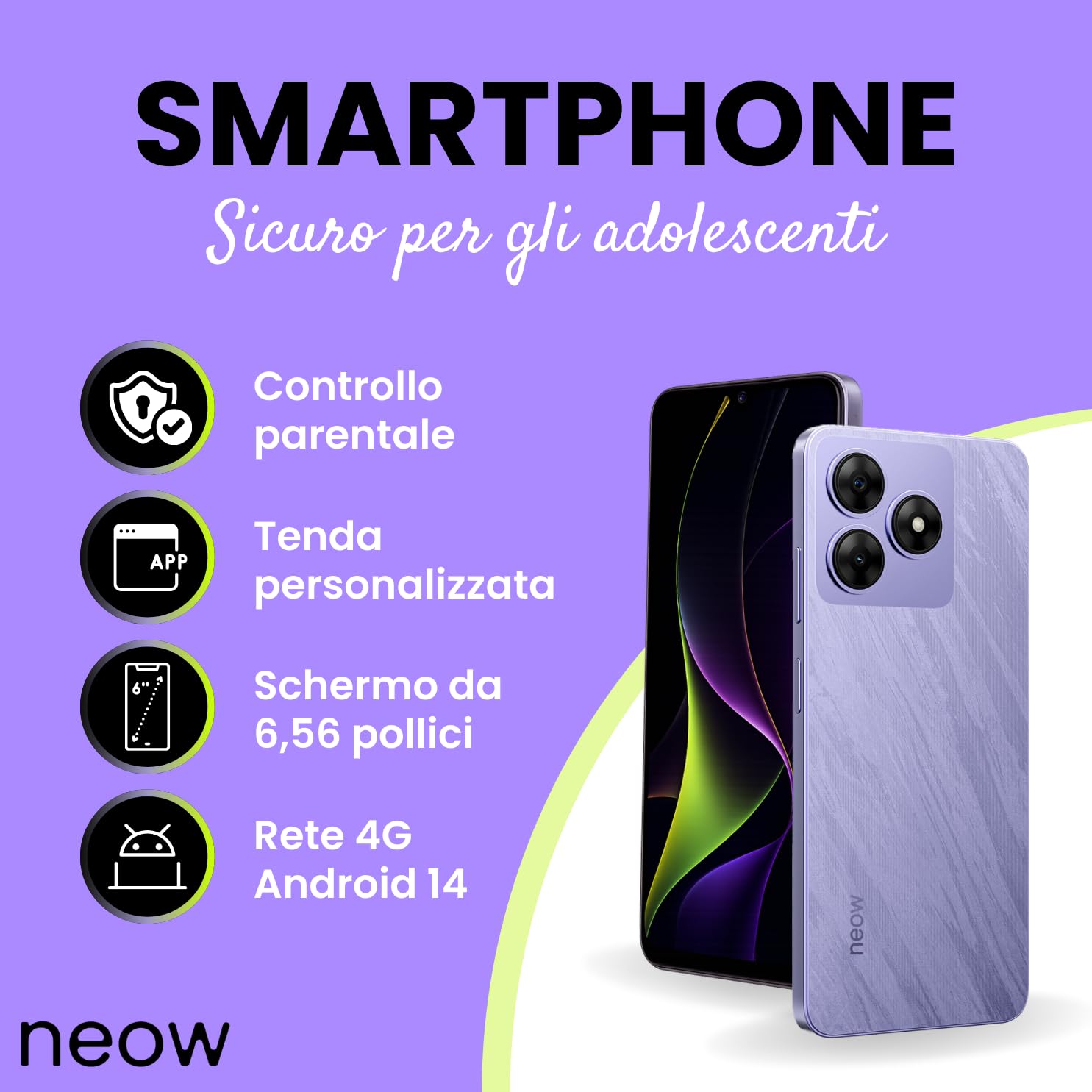 Neow Safe Smartphone Android 14 4G | Schermo HD+ da 6,56" | Smartphone per adolescenti | App scolastiche e divertenti preinstallate | Controllo genitori | Custodia in silicone gratuita (viola)