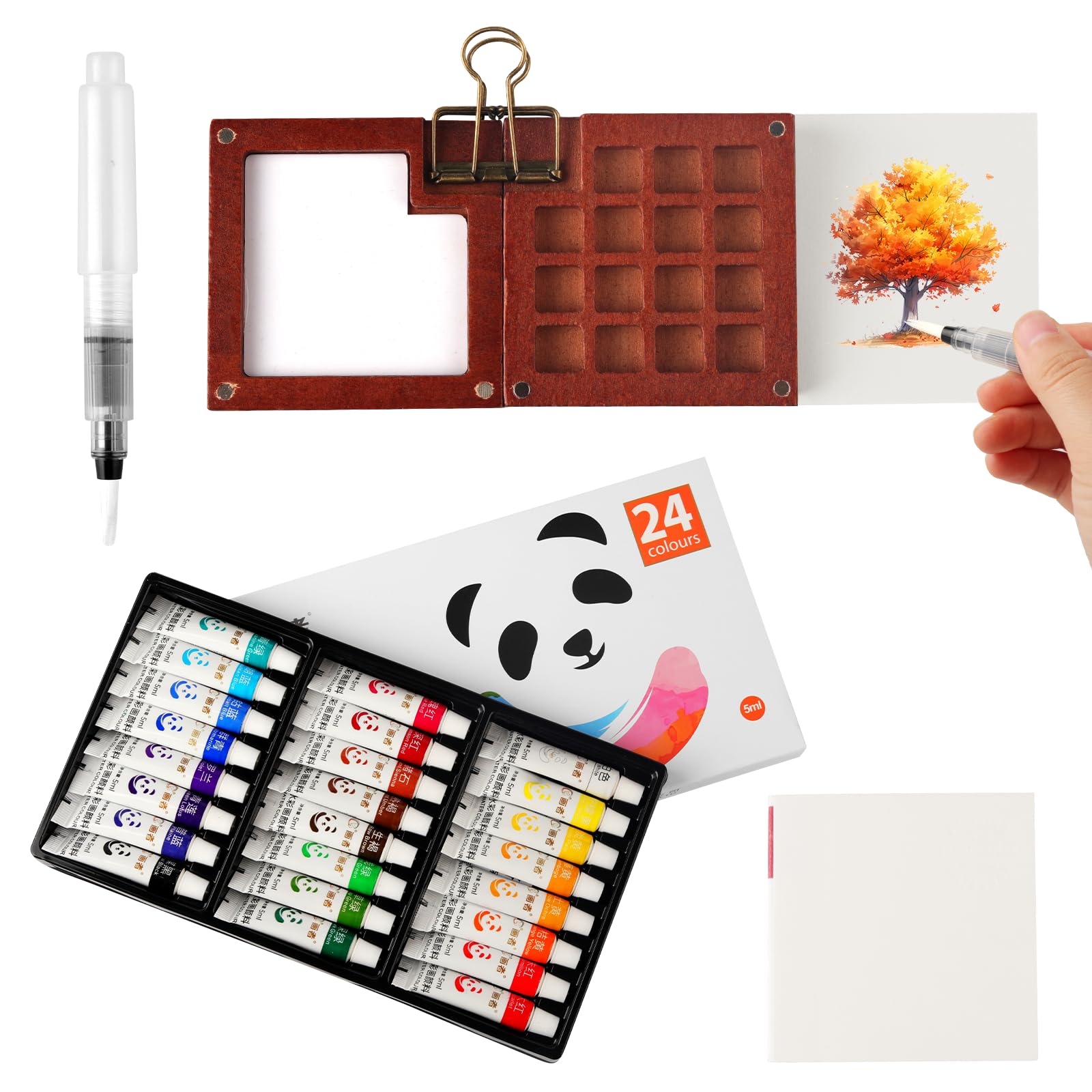 Aquarell Travel Set, Skizzenbuch Palette Set 15 Grids,Tragbares Holz Malpalette Malkasten,Skizzenbuch Palette für Künstler, Studenten,mit Aquarellpapier Journal, Aquarellpinsel Stiftel, Clip(24 Farbe）